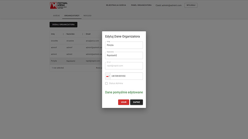 alpine festival application users table